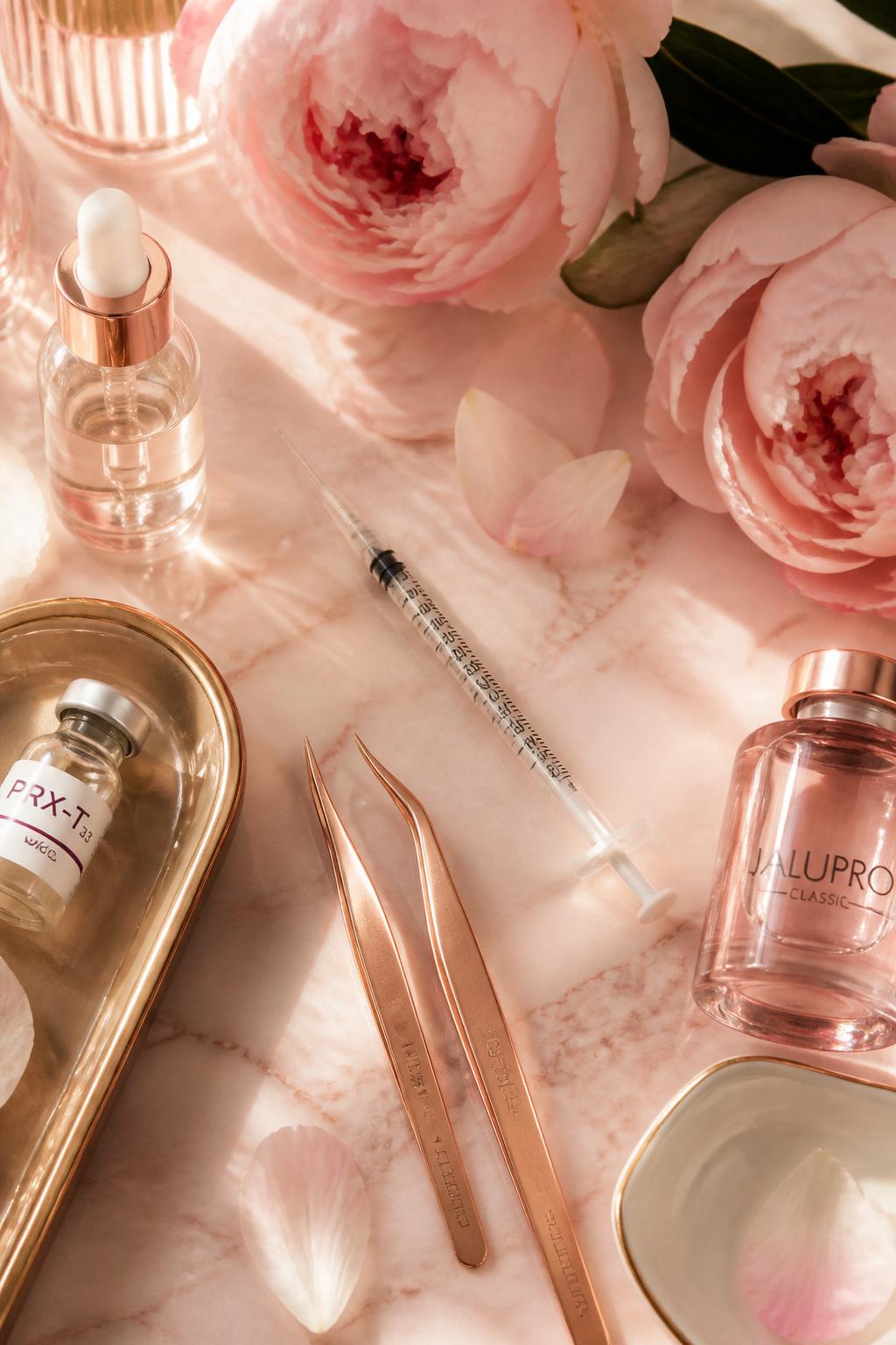Luxury aesthetic tools and products in a pink glam setting